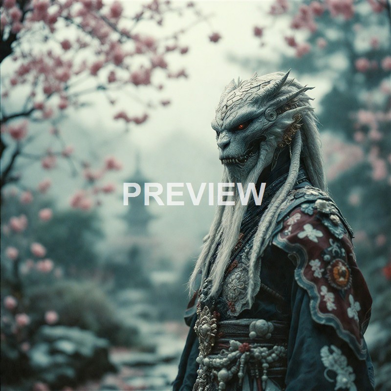 A fantastical creature with a dragon-like face, glowing eyes, and elaborate armor stands in a garden with pink blossoming trees and a pagoda in the background.